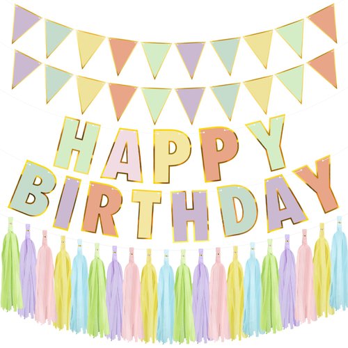 Macaron Happy Birthday Banner Pastel Birthday Party Decorations Happy Birthday Banner Triangle Flags with Paper Tassel Garland for Women Girls Party Supplies
