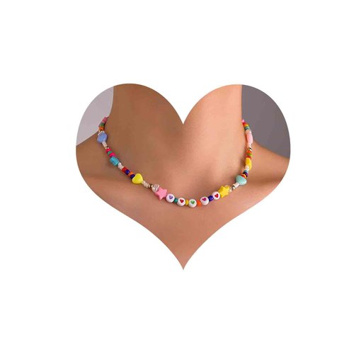 Andelaisi Boho Rainbow Seed Bead Choker Necklace Colorful Seed Bead Necklace Choker Vintage Acrylic Colorful Resin Bead Necklace Chain Minimalist Rice Bead Necklace Jewelry for Women