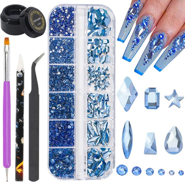1500Pcs Nail Rhinestones Light Blue Flat Back Rhinestones for Makeup Nail Gems Nail Crystals Diamonds Jewelry Rhinestones for Face and Nail Design DIY Crafts Decoration