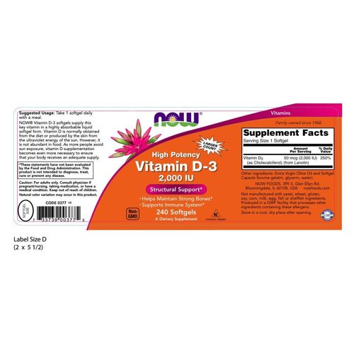 NOW Supplements, Vitamin D-3 2,000 IU, High Potency, Structural Support*, 240 Softgels