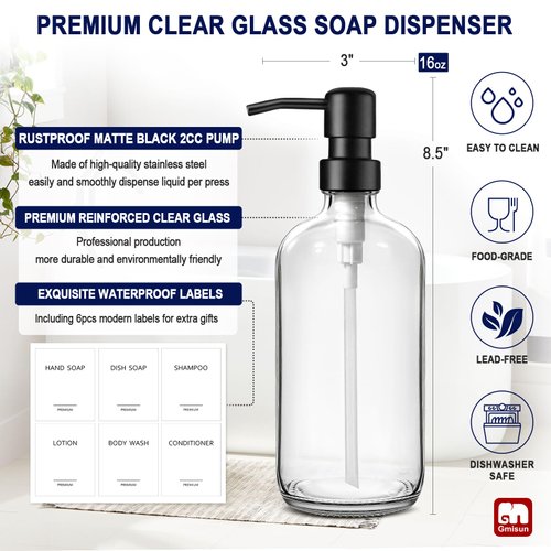GMISUN Glass Soap Dispenser with Pump, 2 Pack Clear Bathroom Hand Soap Dispenser with Stainless Steel Pump, 16 Oz Refillable Kitchen Hand and Dish Soap Dispensers Set, Modern Liquid Pump Bottles
