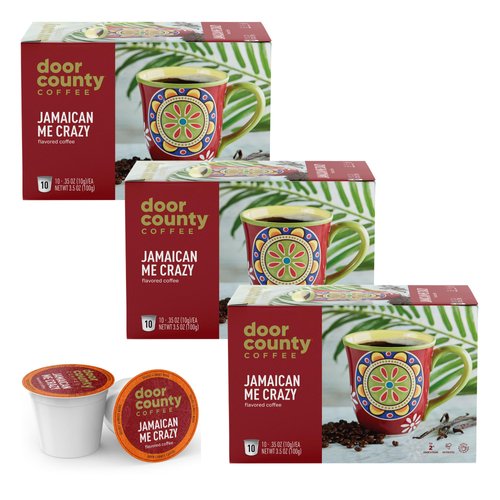 Door County Coffee - Jamaican Me Crazy, Rum & Vanilla Flavored Ground Coffee - Medium Roast, Single Serve Cups – 30 Count