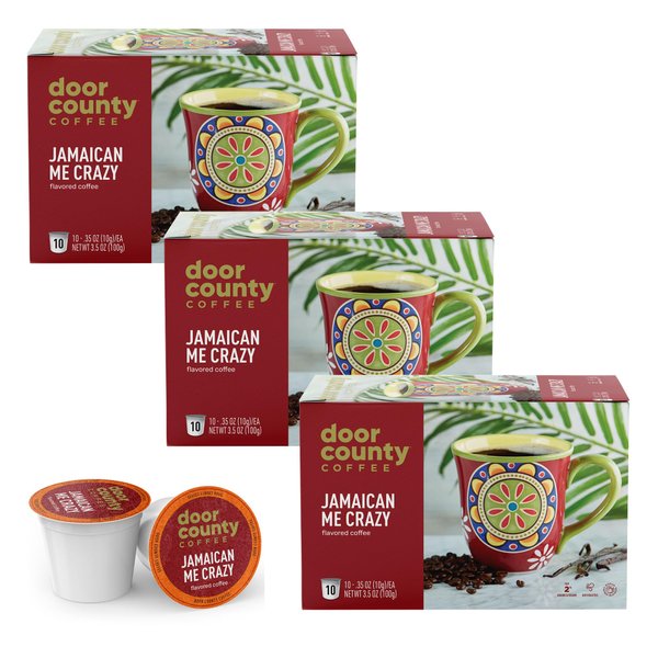 Door County Coffee - Jamaican Me Crazy, Rum & Vanilla Flavored Ground Coffee - Medium Roast, Single Serve Cups – 30 Count