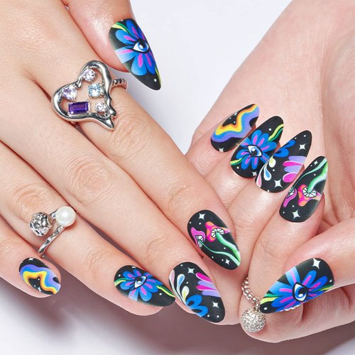 GLAMERMAID Press on Nails Medium Almond, Gothic Matte Cute Cartoon Glue on Gel Nails, 24Pcs Colorful Short Almond Mushroom Acrylic False Nails Kits Resuable UV Finish Full Cover Stick on Nails