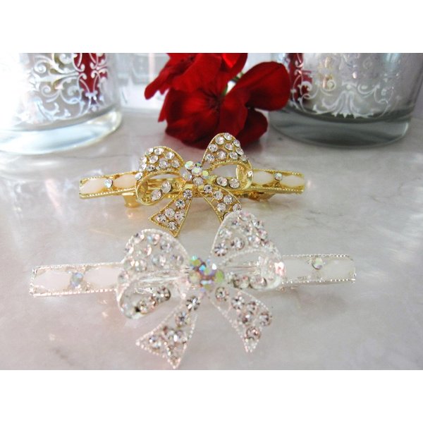 Generic Bow shaped crystal hair barrette clip bridal clip bridal barrette (Primary color: Gold), 1 Count (Pack of 1)
