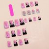 RIICFDD 24 Pcs French Tip Press on Nails Medium Fake Nails Black Duck Nails Tips with Charms Rhinestone Designs Pink Full Cover Glossy False Nails Stick on Nails for Women