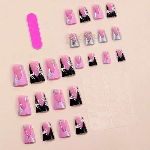 RIICFDD 24 Pcs French Tip Press on Nails Medium Fake Nails Black Duck Nails Tips with Charms Rhinestone Designs Pink Full Cover Glossy False Nails Stick on Nails for Women