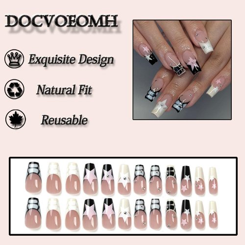 DOCVOEOMH Y2K Press on Nails Medium Long Coffin French Tips White Fake Nails with Rhinestones White Pink Star Design Ballerina False Acrylic Full Cover Glue Stick on Nails for Women Wedding 24Pcs
