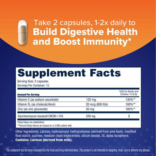 Florastor Select Immunity Boost Daily Probiotic & Immune Support Supplement for Women and Men, Saccharomyces Boulardii CNCM I-745 Plus Zinc, Vitamin C & D3 (30 Capsules)