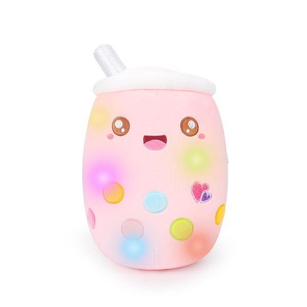AIXINI Light up Boba Stuffed Plush Bubble Tea Pillow with LED Colorful Pearls Night Lights Glowing Super Soft-Pink,13.7''