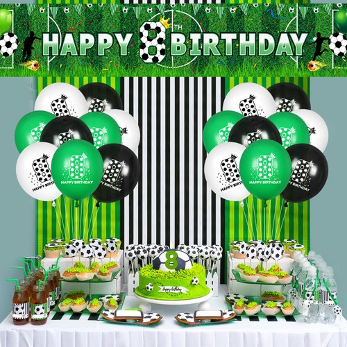 RUMIA Soccer 8th Birthday Party Decorations Soccer Happy 8th Birthday Yard Banner and 18PCS Sport Themed 8th Birthday Balloons for Boys Kids Soccer Football 8th Birthday Anniversary Party Supplies