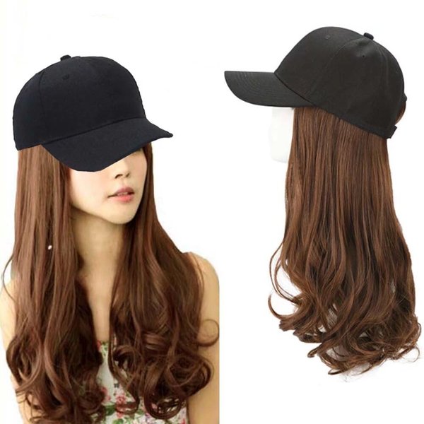 iLUU Synthetic Hair Extension Attached Baseball Cap Long Curly Wig Hat with Wavy Hair - 14" Light Brown Fashion Color Hair Extensions Hat Black Cap Wig for Women Girl