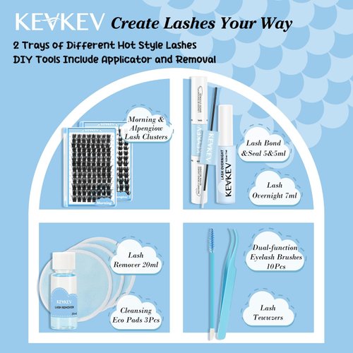 KevKev DIY Lash Extension Kit Lash Clusters Kit 2 Count Eyelash Extension Kit Lash Bond and Seal 7ml Overnighter Sealer Lash Remover for Lash Extension Clusters(Morning+Alpenglow, D-8-16mix)