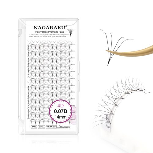 NAGARAKU Premade Fans Eyelash Extensions Premade Volume Fans Lash Extensions 120 Fans 4D 0.07D Curl 14mm Sharp Narrow Stem Clusters Thin Pointy Base Russian Fans Ready Volume Premade Lash Fan Fluffy