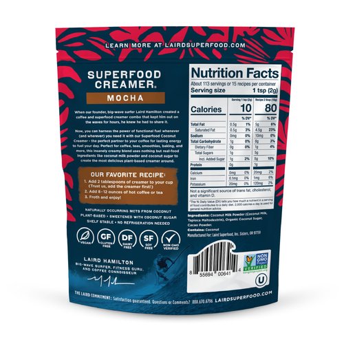 Laird Superfood Non-Dairy Coffee Creamer Mocha, Shelf-Stable Superfood Non-Dairy Powder Creamer, Gluten Free, Non-GMO, Vegan, 8 oz. Bag, Pack of 1