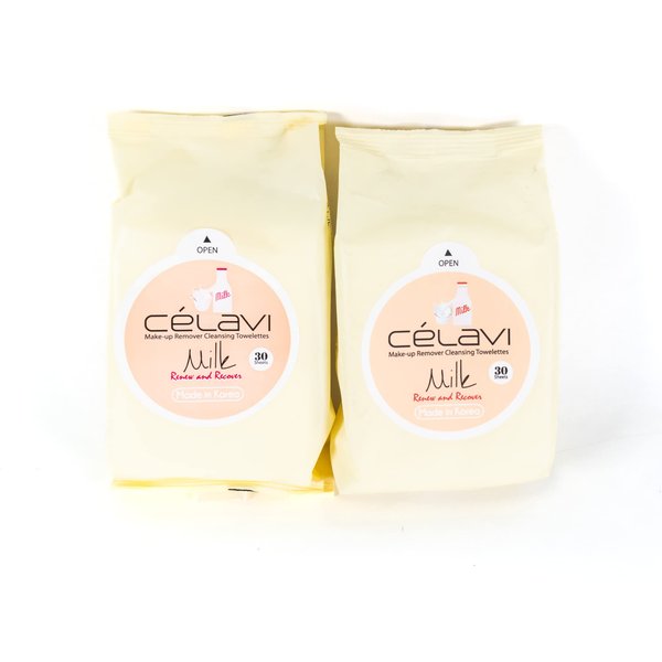 Celavi Makeup Remover Cleansing Wipes Removing Towelettes 2 Packs - 60 Sheets (Milk)