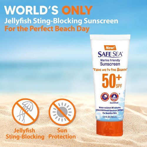 SAFE SEA Jellyfish Sting-Blocking Sunscreen, SPF 50+ travel Size Lotion, Waterproof, Biodegradable, Coral Reef-Safe, Body and Face Sunscreen, Anti-Jellyfish and Sea-Lice sting protection (Tube 3.4 oz)