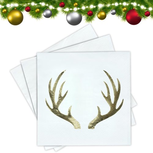 Antler Christmas Cocktail Napkins – Gold Foil Embossed Holiday Napkins, 3-Ply Gold Foil Disposable Christmas Napkins by Sunshine Supply