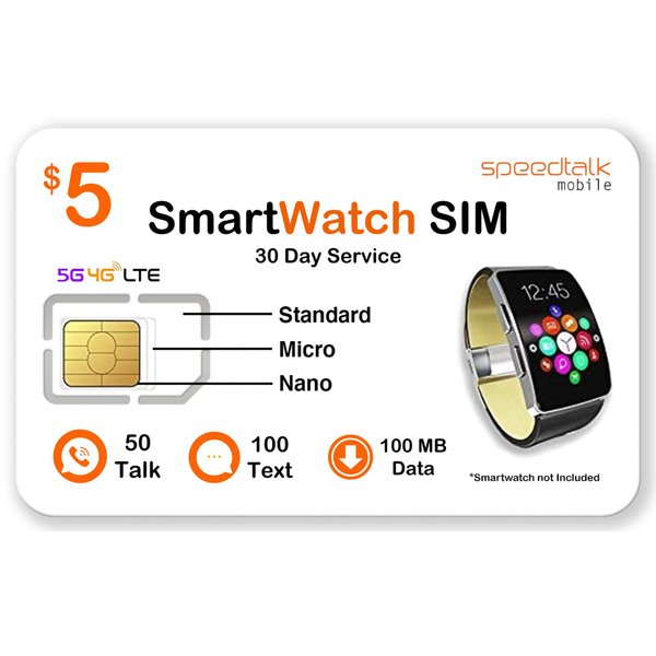 SpeedTalk Mobile $5 Smart Watch SIM Card Kit for 5G 4G LTE GSM Smartwatches Activity Fitness Wearables | Preloaded 3 in 1 Simcard - Standard Micro Nano | No Contract | USA Coverage 30 Days Service