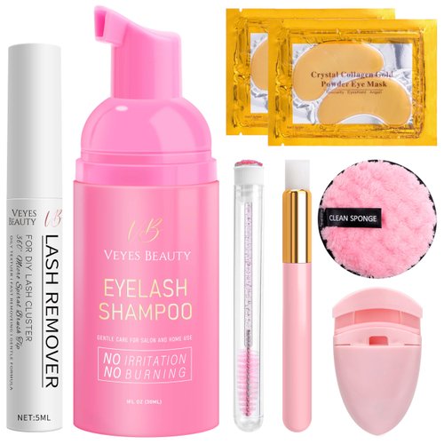 VEYESBEAUTY Cluster Lash Remover & Cleaner Kit DIY Lash Aftecare Kit for Eyelash extensions and Natural Lashes, Remover, Shampoo, gel eye patch, eyelash curler, Cleansing Brush, Mascara Wand