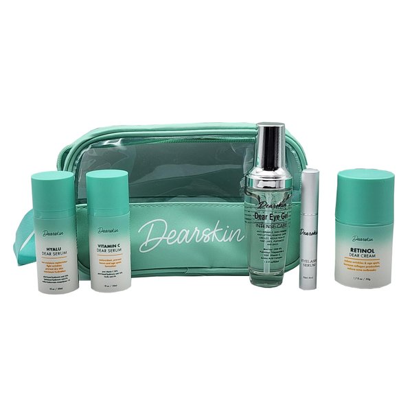 Dearskin Eyelashes, Eyes & Face Skincare Gift Set: Gift her Glow with Hyaluronic Facial Serum Vitamin C Eye Gel Eyelashes Serum and Water Gel Cream