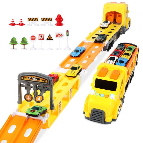 ITEFDTUTNE Carrier Truck Race Car Track Set for Toddlers Toys, 4 FT Race Track and 6 Die-Cast Toy Cars, Truck Toy with Lights & Sounds Xmas Gifts for 3 4 5 6 7 8 Years Old Kids Boys Girls (Yellow)