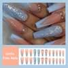 MISUD Long Coffin Press on Nails Ballerina Fake Nails Glossy Glue on Nails Blue French Tip Acrylic Nails Bling Glitter Artificial Nails 3D Rhinestone Stick on False Nails with Gradient Design 24 pcs