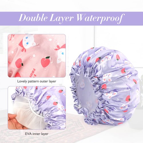 FirstKitchen Shower Cap for Kids, 2PCS Toddler Shower Cap, Cute Shower Cap with Double Layer, Kids Shower Caps for Girls Boys Child with Cartoon Animal(Pink Cat + Purple Rabbit)