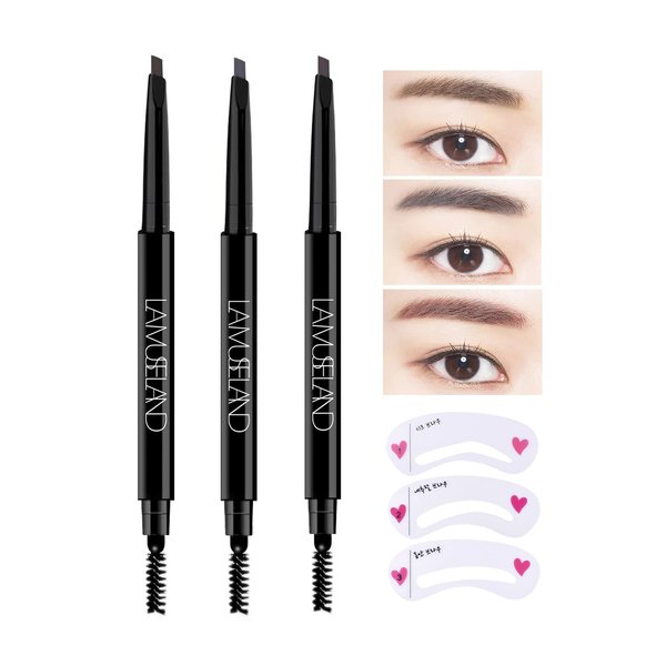 LAMUSELAND 3 Pcs/Set Eyebrow Pencil, Professional Make Up Definer Pen, Rotary Retractable Triangular Tip Eyebrow Pencil With Spoolie Brush, Waterproof Long-lasting Eye Brow Pencil, Easy Create Natural