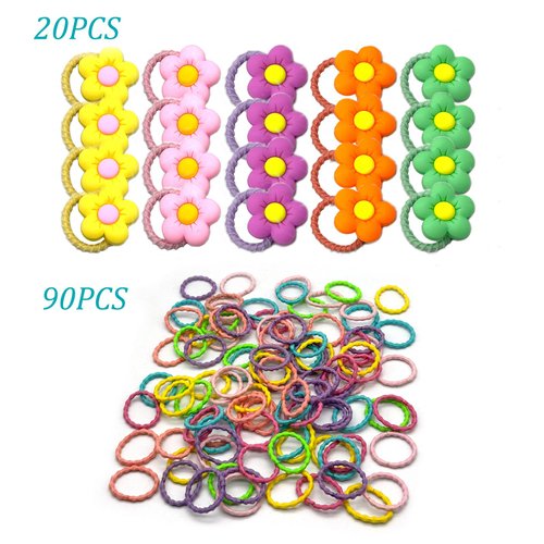 90 Psc Baby Hair Multicolor Ties 20 pcs Flower Soft Rubber Bands Thin Hair Ponytail Holder for Girls Infants Toddlers Kids Teens and Children (Flower)