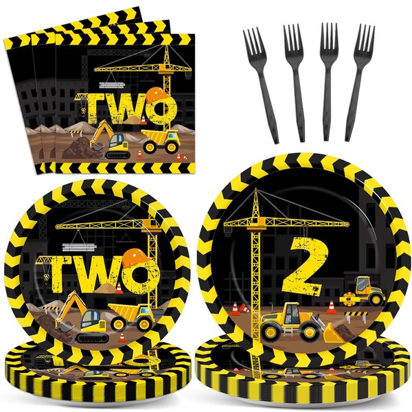 25 Guests Construction Birthday Party Supplies Plates Napkins Forks Set Disposable Construction Truck Two Tableware Paper Plates Dinnerware Two Years Old Baby 2nd Birthday Party Decoration Favors