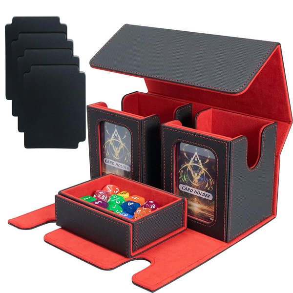 MBVVLZJVN MTG Deck Box Commander Deck Box 3-in-1 Deck Storage Case, 4 Dividers, PU Leather Card Deck Box for MTG Commander TCG CCG, Black-Red