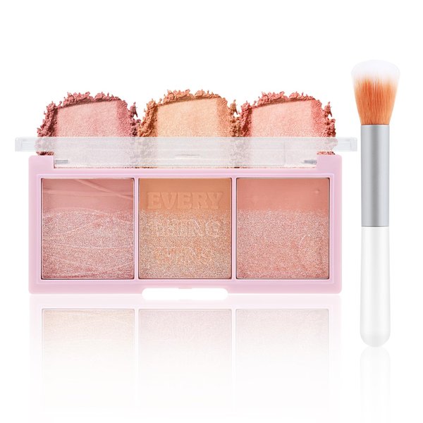 Apooliy 3 Colors Blush Palette，Blush Powder for Cheeks Makeup，Glitter Blusher with Brush，Long Wear，Highly Pigmented