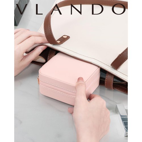 Vlando Small Travel Jewelry Box Organizer -Jewelry Display Case for Girls Women Bridesmaid Gift Rings Earrings Necklaces Storage with Mirror Pink