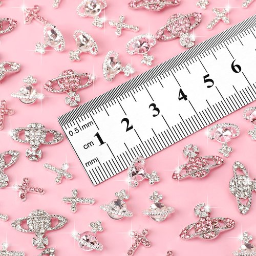 COOSLIM 15PCS Pink Planet Nail Charms 3D Star Nail Art Charms Pink Saturn Planet Nail Gems Silver Dangle Star Charms for Nails Art Shiny Starlight Y2K Style Nail Decoration for Manicure Design 2
