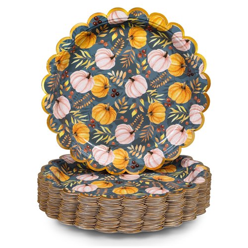 Confettiville Thanksgiving Paper Plates, 50-Count Disposable Thanksgiving Dinner Plates, Scalloped, Party Supplies, Pumpkins, Slate Grey