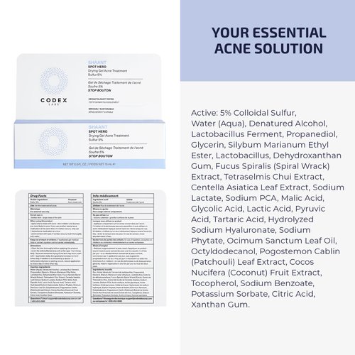 Codex Labs Shaant Spot Hero Acne Gel - Drying Gel - For Acne Prone Skin, Oily Skin, All Skin Types - With 5% Sulfur, Green Tea Extract - Cruelty-Free, Vegan Skincare (15ml)