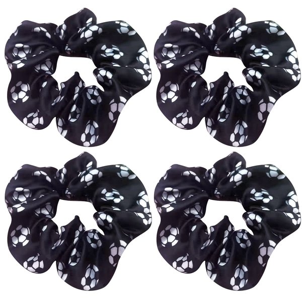 4 Pack Silky Smoothly Soccer Hair Scrunchies Sparkly Football Hair Ties Hair Eleastic Bands Scrunchy Hair Ties Ropes Ponytail Holders Wrist Bands for Girls Soccer Teams School,Dance,Games ,Tournaments and Party favor (Black)