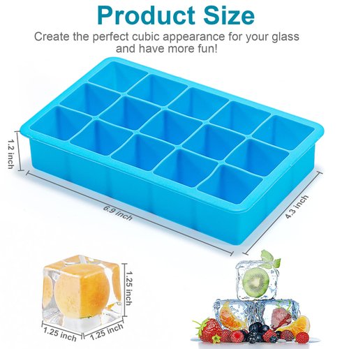 2 Pack Ice Cube Trays, ZDPMK Silicone Easy Release Flexible Molds 15 Ice Cubes Tray for Freezer，Cocktail，Whiskey，Reusable & BPA Free