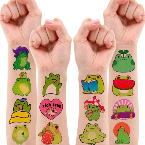 Cute Frog Temporary Tattoos Sticker Theme Themed Birthday Party Supplies Favors Decorations Decor 8 Sheets 85PCS Funny Tattoo Stickers Gifts for Kids Girls Boys Class School Rewards Carnival Christmas