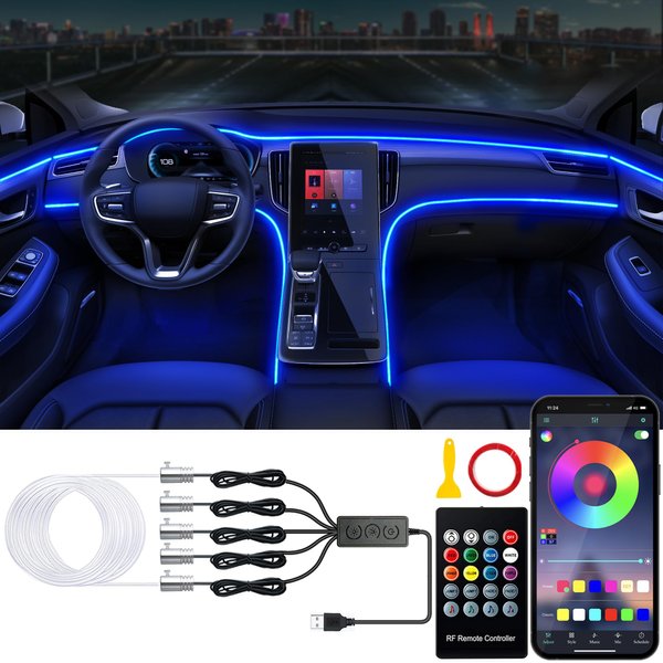 Jushope Car LED Lights, Interior Car Lights with Wireless APP/RF Remote/Button Control, Car Ambient Lighting Kit with 236" Integrated Molding Fiber Optic RGB Sync to Music (USB)