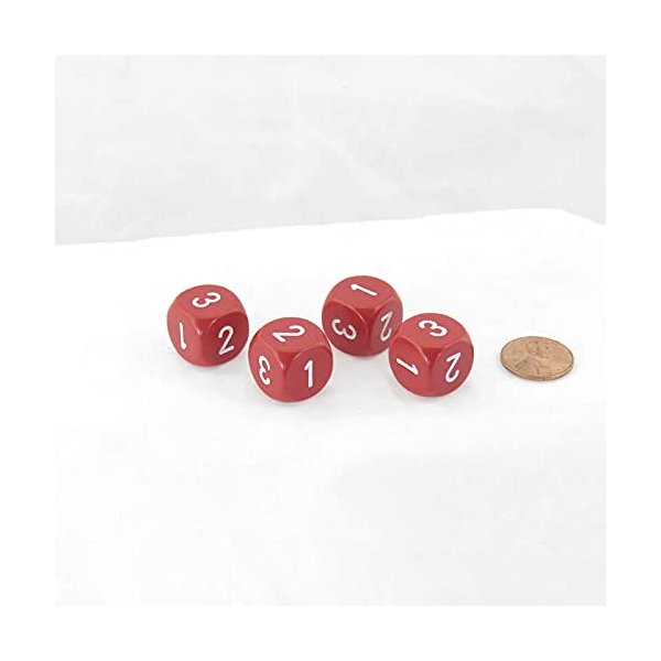 Wondertrail Red Opaque Dice with White Numbers D3 (D6 1-3 Twice) 16mm (5/8in) Pack of 4