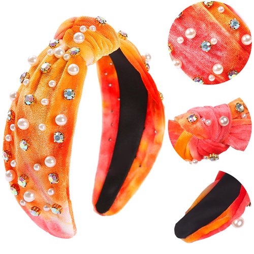 SeBneny Pearl Knotted Headband Diamond Velvet Tie Dye Candy Headwear Colored Fabric Broad Cute Top Knot Headband Gift for Women Non Slip Wide Headband for Party Supplies 1PCS