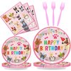 64pcs Dog Party Supplies,Puppy Birthday Party Tableware Set,Pink Puppy Face Plates Napkins Forks for Girls Kids Dog Puppy Birthday Paw Prints Party Decor,Serves 16