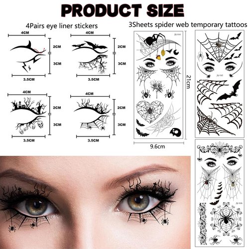 Halloween Eye Shadow Stickers Eyeliner Decals Spider Bat Spider Web Skull Bat Temporary Tattoo Stickers Face Eye Makeup Tattoos Stickers for Women Girls Halloween Masquerade Party