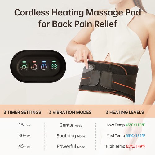 Graphene Cordless Heating Pad with Massager, Far Infrared Battery Powered Massager for Lower Back Pain with 3 Heat Levels & 3 Massage Modes