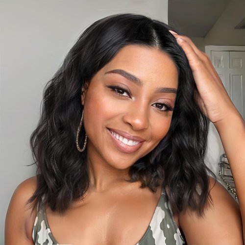 cuiud Black Wigs for Women Short Wavy Curly Wigs 14Inch Middle Part Curly Bob Wig Medium Length Wig Synthetic Lace Front Natural Hairline Wigs for Daily Party Use