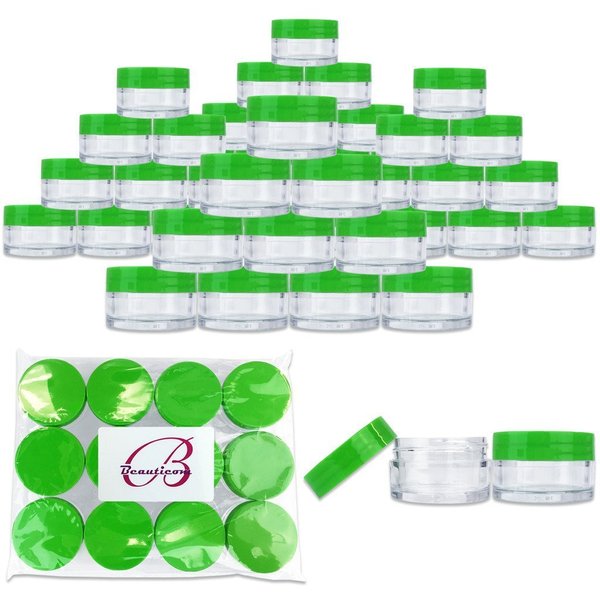 Beauticom 20 gram/20ml Empty Clear Small Round Travel Container Jar Pots with Lids for Make Up Powder, Eyeshadow Pigments, Lotion, Creams, Lip Balm, Lip Gloss, Samples (48 Pieces, Green)
