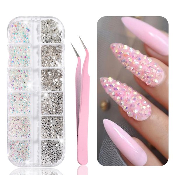 Nail Art Rhinestones Kit, Clear Crystal AB Flatback Glass Rhinestones Crystal Gems Stones, with Tweezer and Rhinestone Picker Dotting Pen for DIY Nail Art Craft