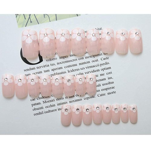 Chicque Rhinestone Press on Nails Short Crystal Stick on Nails French Glossy Fake Nails Festival False Nails for Women and Girls 24PCS (B)